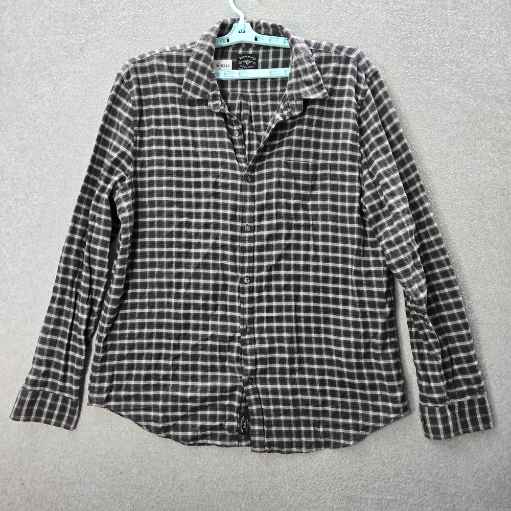 Lucky Brand Men Button Up Shirt 2XL Gray Tartan Plaid Flannel Long Sleeve Slim